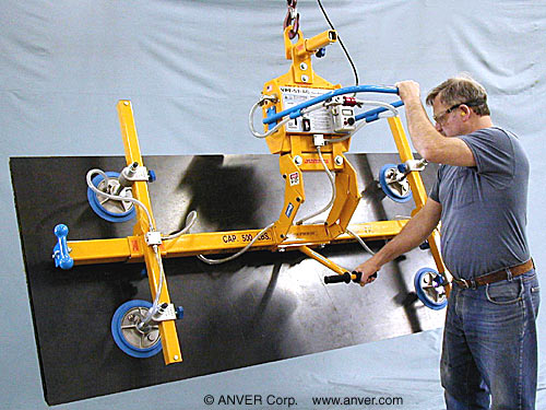 ANVER Four Pad Electric Powered Lifter with Manual Tilt Adapter and Offset Bail for Lifting and Tilting Plastic Sheets 12 ft x 6 ft (3.7 m x 1.8 m) up to 500 lb (227 kg)
